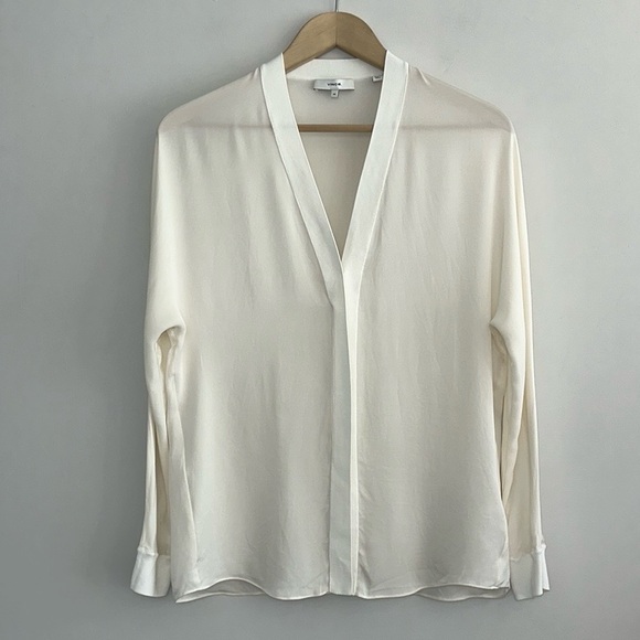 VINCE V-Neck Rib Trim Silk Blouse in Off White - Picture 6 of 13